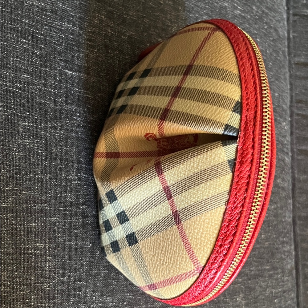 Burberry Beige Check Round Coin Pouch with Red Trim